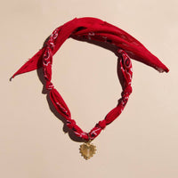 Red Bandana Necklace: Gold Sunburst Heart Charm / Red