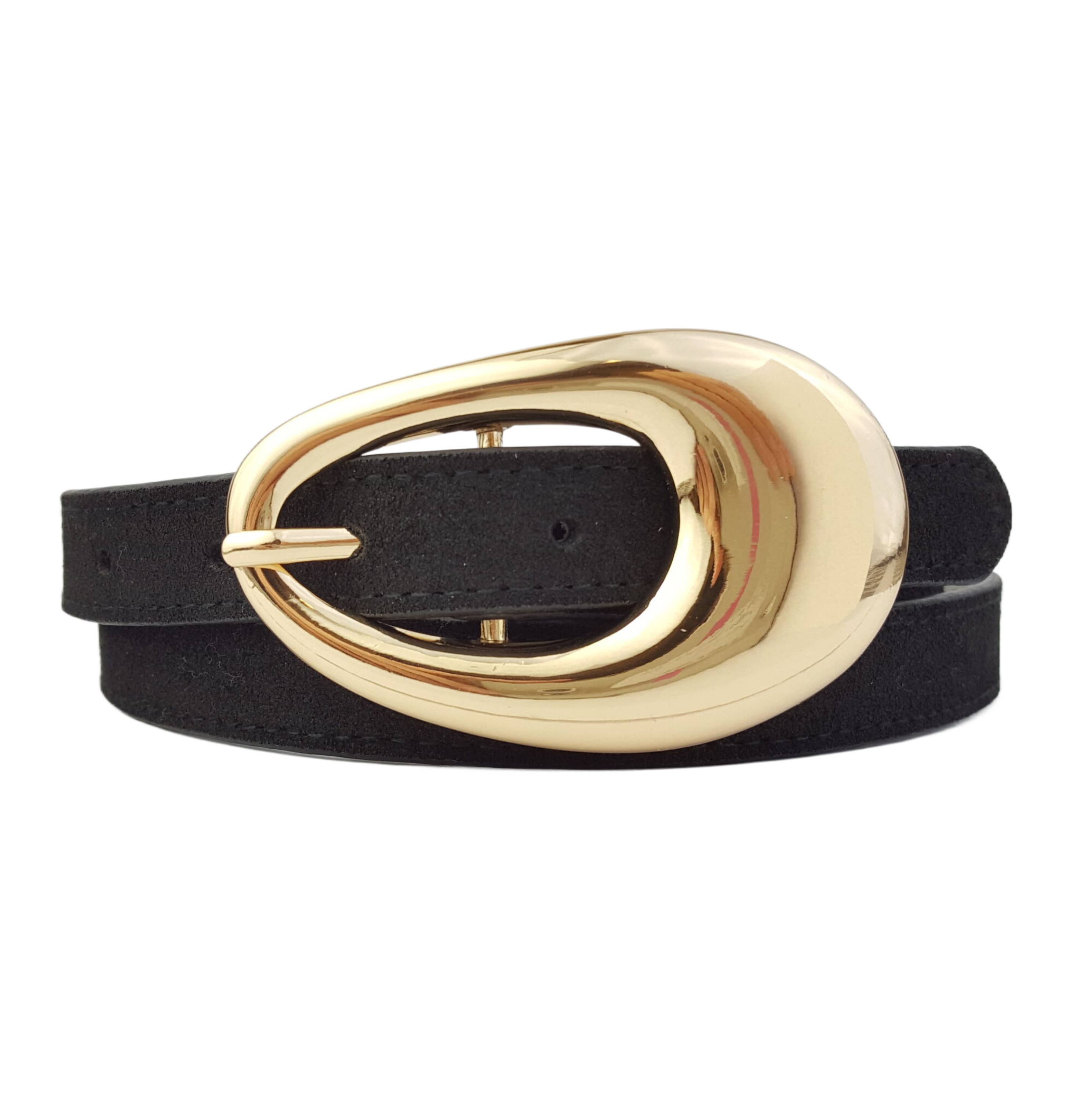 Genuine Suede Belt with Gold Tear Drop Buckle: Black