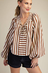 Dolman Lace-Up Blouse: Brown