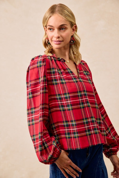 Christmas Plaid Balloon Sleeves Ruffled V-neck Top