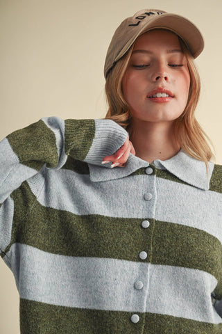 Em Sweater powder blue and olive striped cardigan with covered buttons
