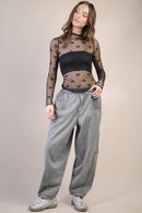 Mesh Lace Knit Top Black Bow
