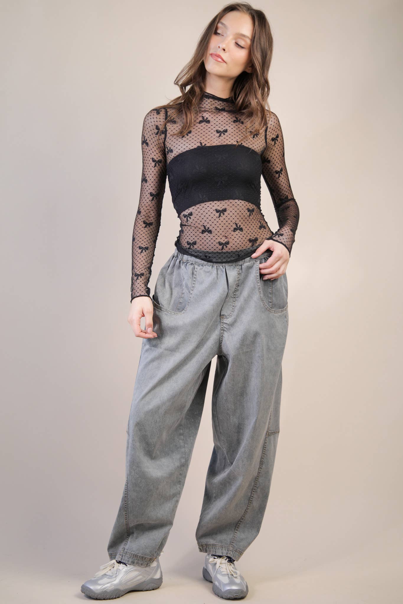 Mesh Lace Knit Top Black Bow