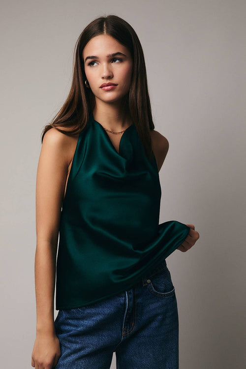 HIGH COWL NECK HALTER SATIN TOP: HUNTER GREEN