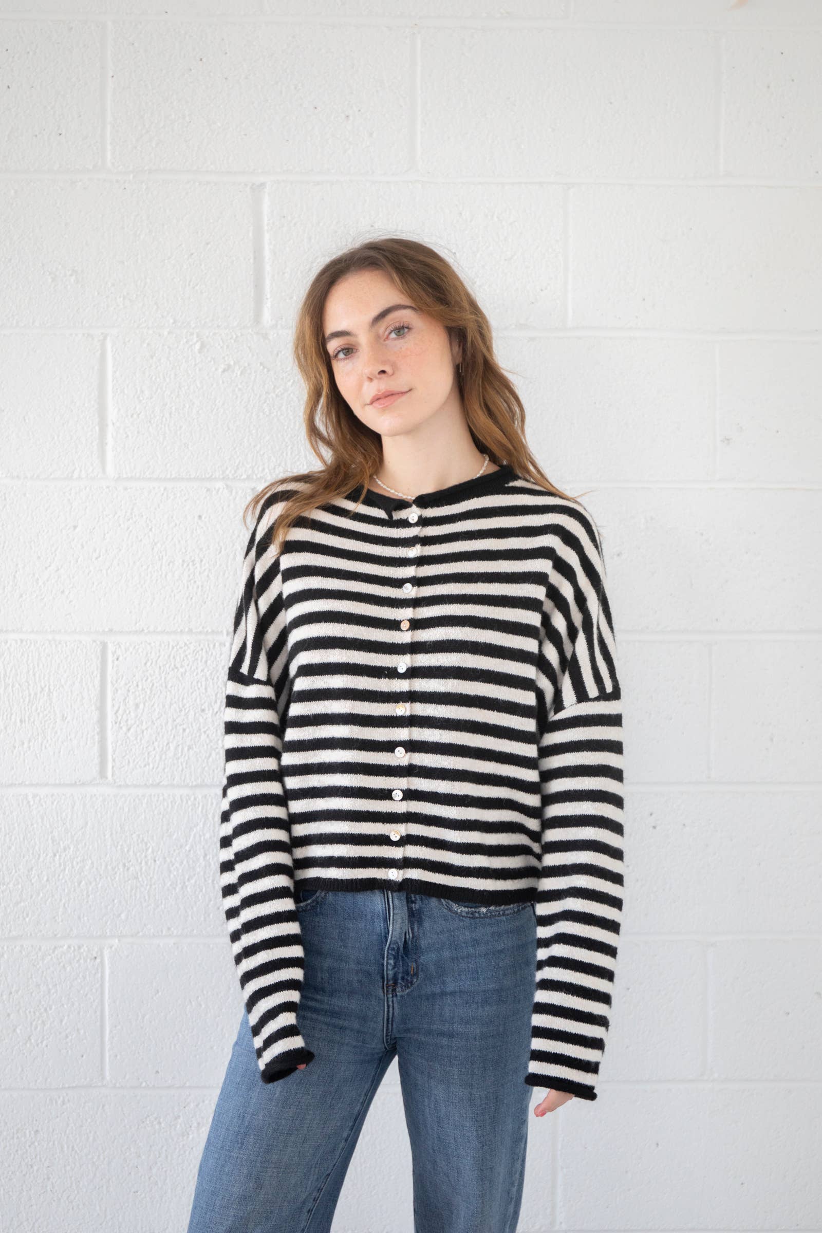 Piper Cardigan - Striped: Ivory-Black