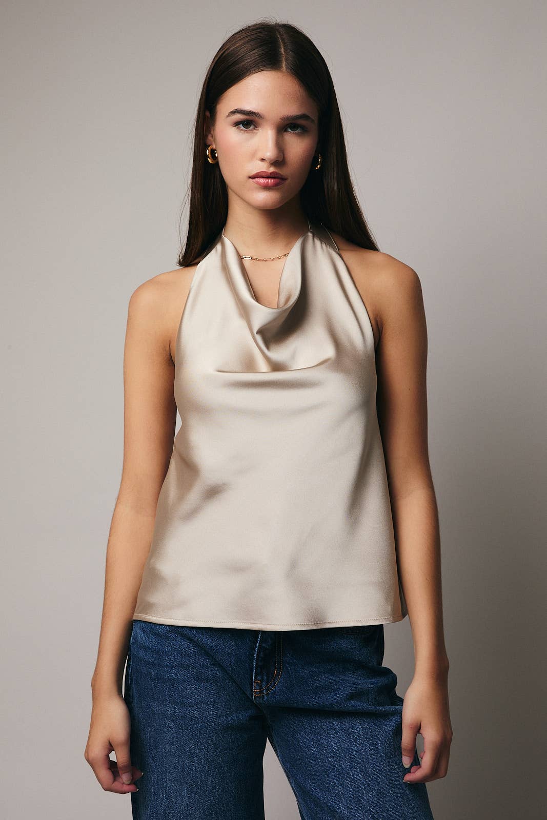 HIGH COWL NECK HALTER SATIN TOP: HUNTER GREEN