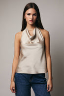 HIGH COWL NECK HALTER SATIN TOP: HUNTER GREEN