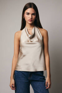 HIGH COWL NECK HALTER SATIN TOP: HUNTER GREEN