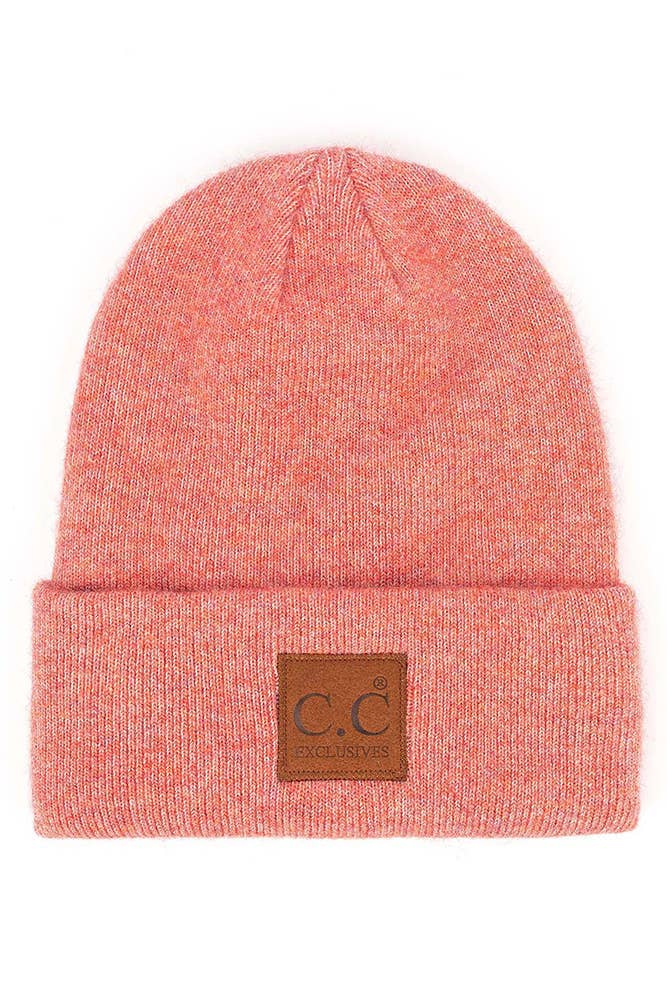 C.C Heather Knit Suede Patch Beanie Winter Hat: Bubble Berry