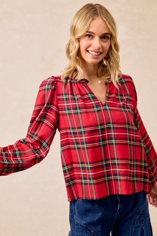 Christmas Plaid Balloon Sleeves Ruffled V-neck Top