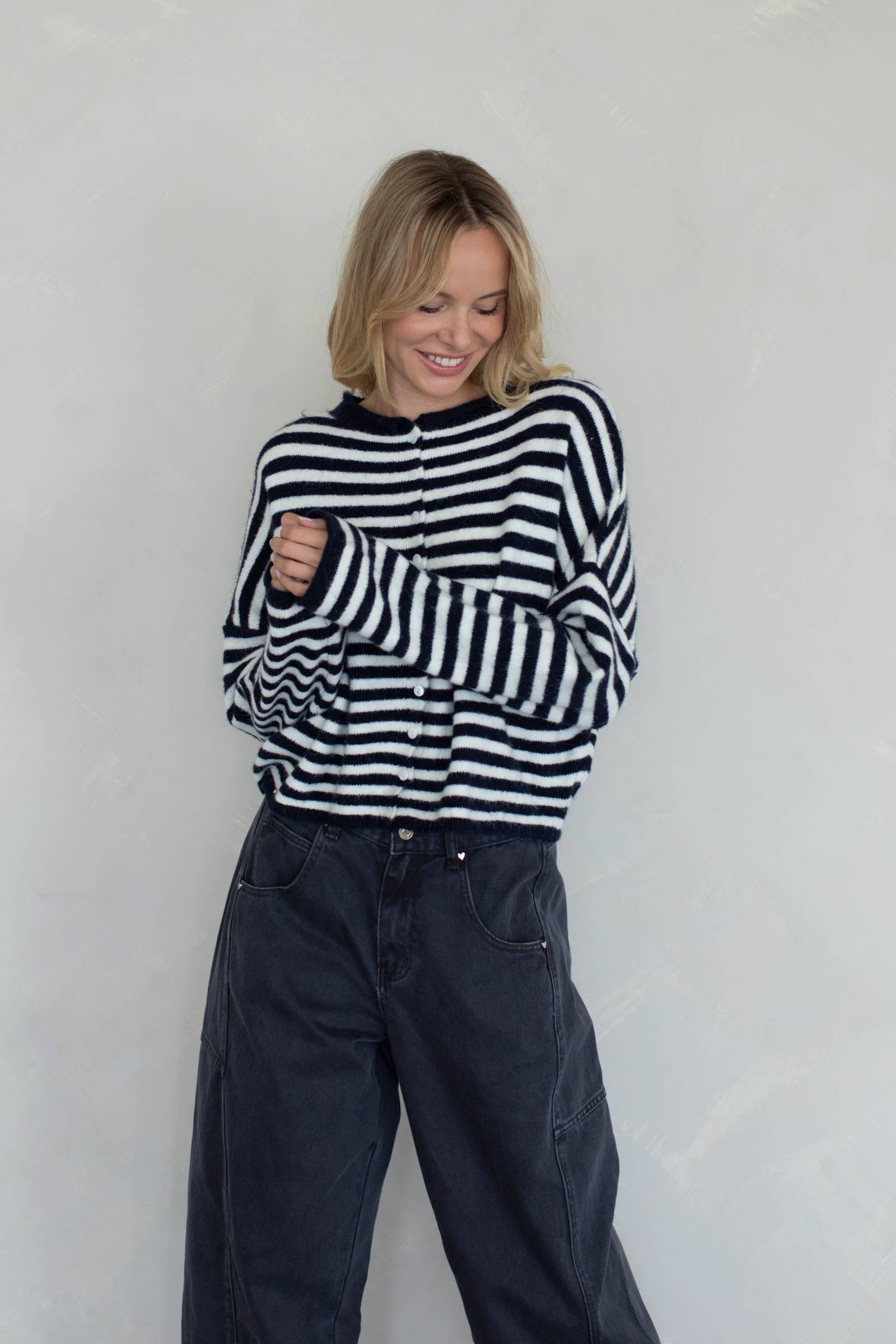 Piper Cardigan - Striped: Ivory-Black