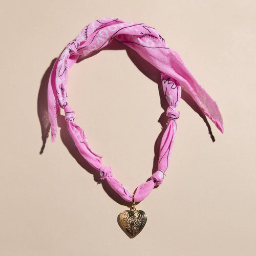 Pink Bandana Necklace: Gold Medium Heart Locket