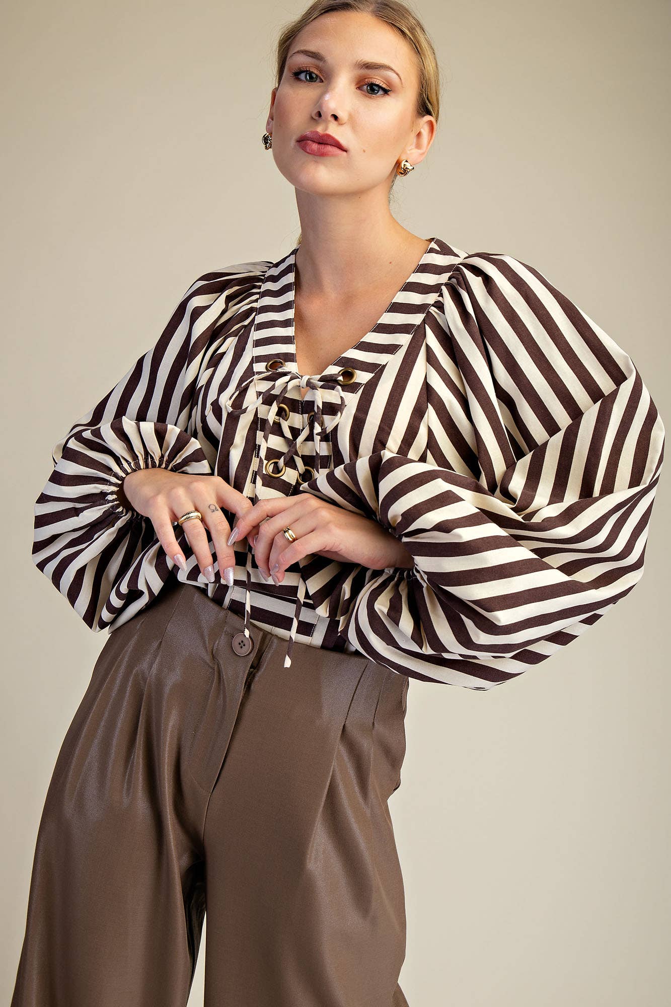 Dolman Lace-Up Blouse: Brown