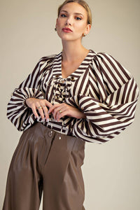 Dolman Lace-Up Blouse: Brown