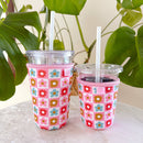 Coffee Cup Cover - Checkered Floral - Iced Drink Sleeve: Large 24oz