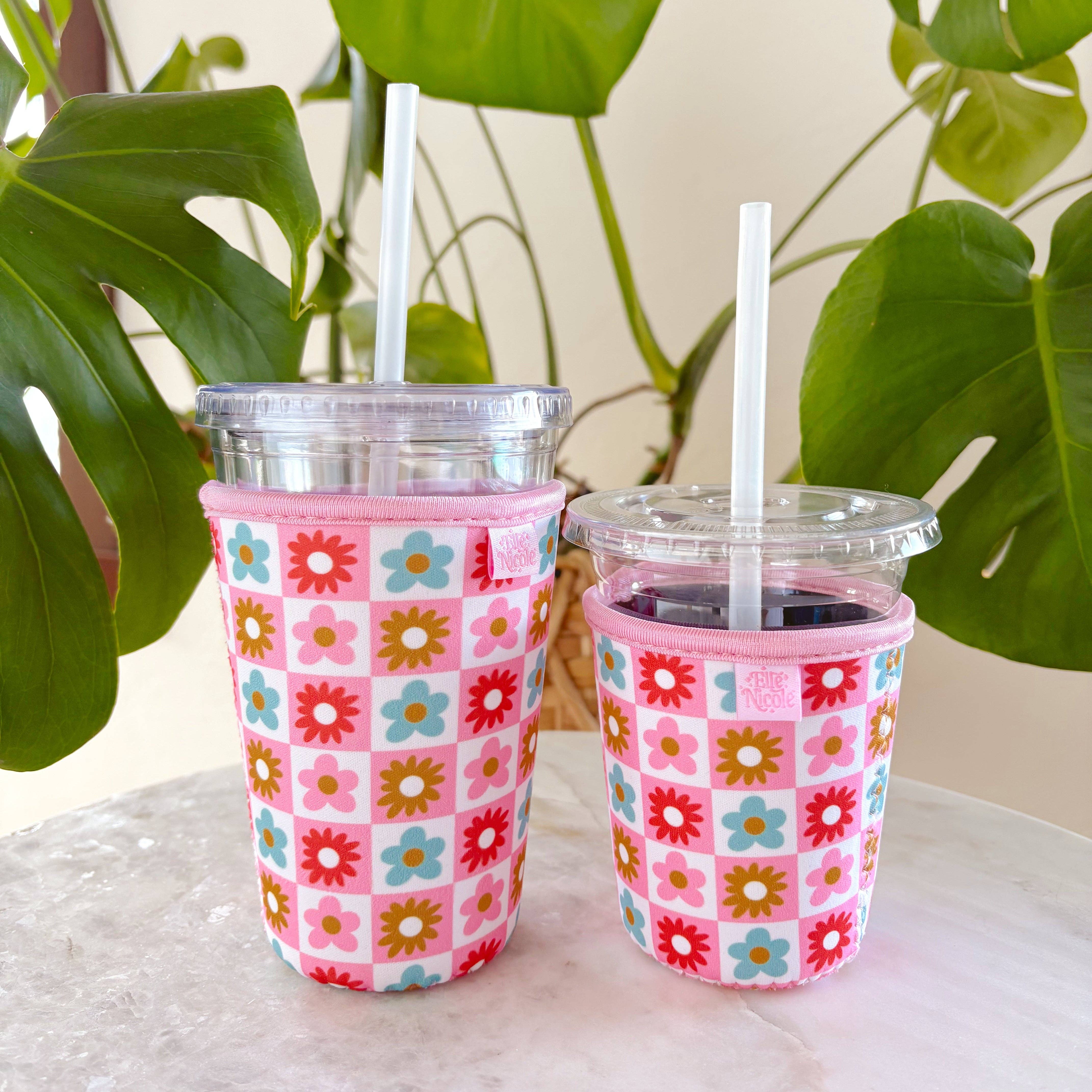 Coffee Cup Cover - Checkered Floral - Iced Drink Sleeve: Large 24oz