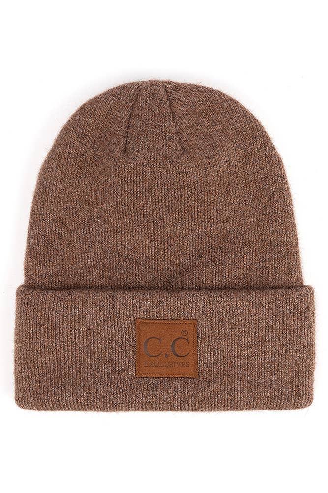 C.C Heather Knit Suede Patch Beanie Winter Hat: Black