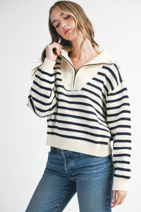 Half-Zip Pointelle Stripe Sweater