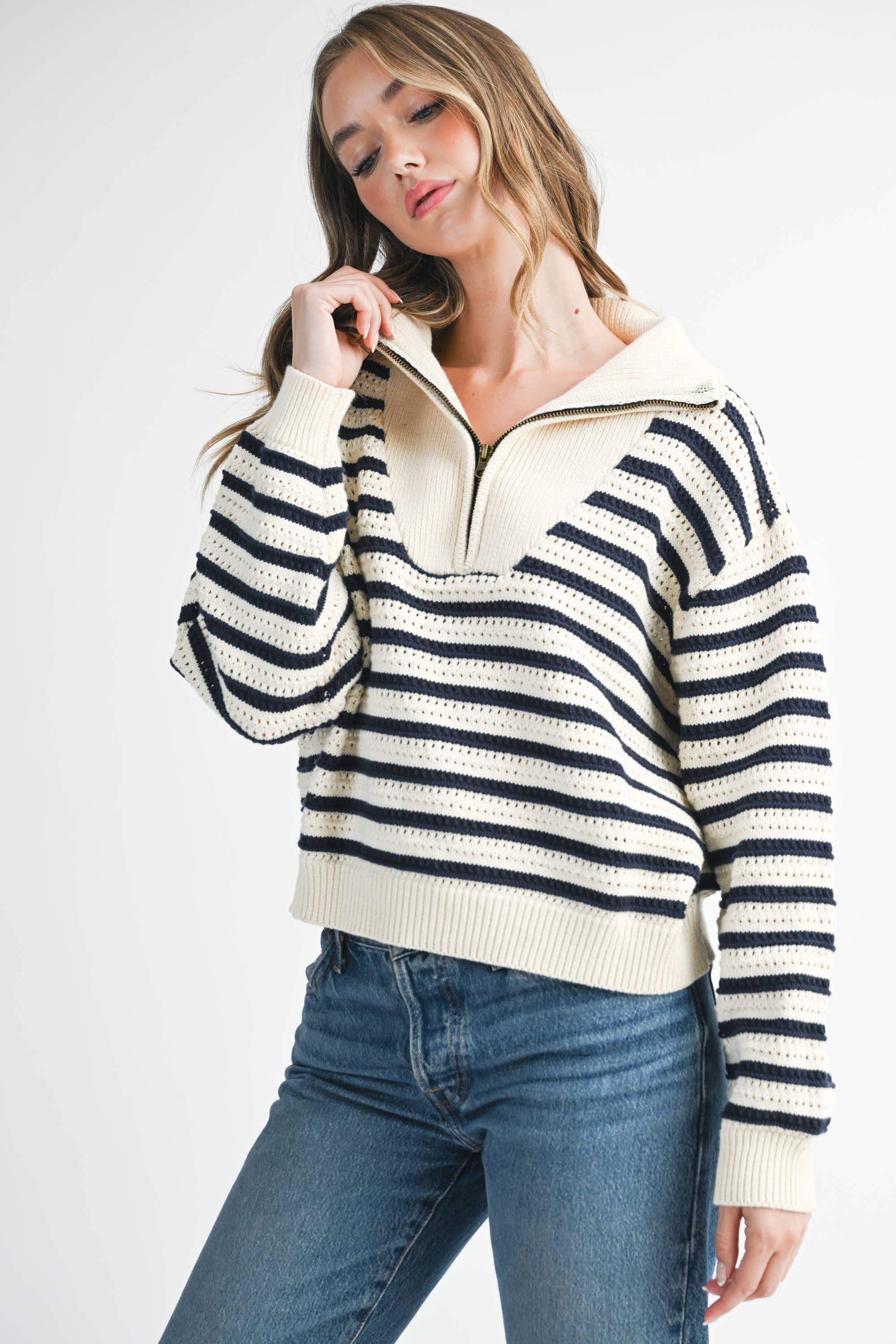 Half-Zip Pointelle Stripe Sweater
