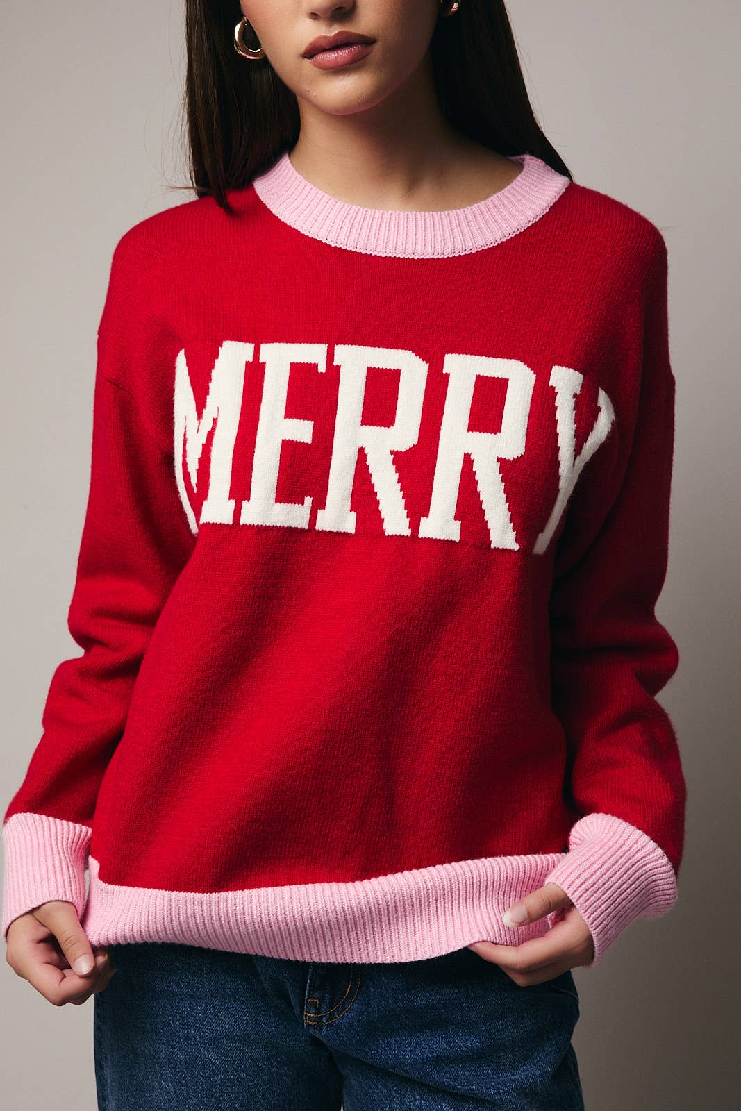 "MERRY" SWEATER: RED-PINK