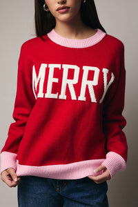 "MERRY" SWEATER: RED-PINK