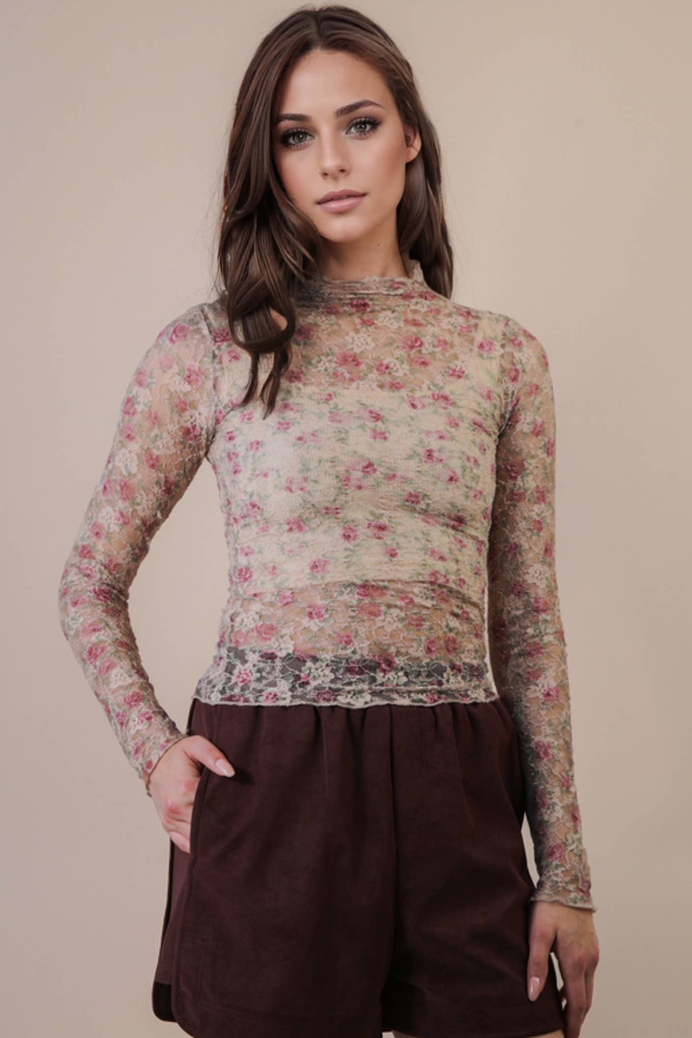 Mesh Lace Knit Top Floral