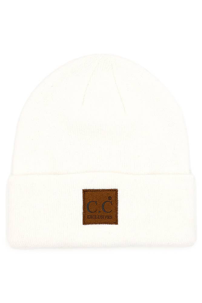 C.C Heather Knit Suede Patch Beanie Winter Hat: Black