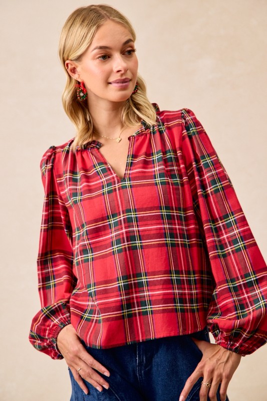 Christmas Plaid Balloon Sleeves Ruffled V-neck Top