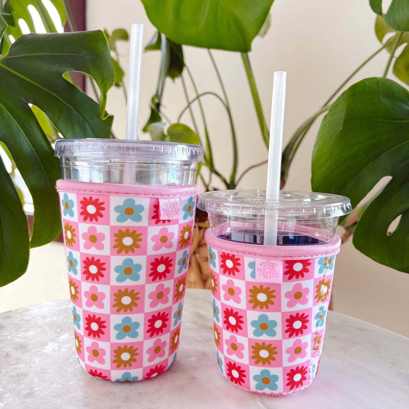 Coffee Cup Cover - Checkered Floral - Iced Drink Sleeve: Large 24oz