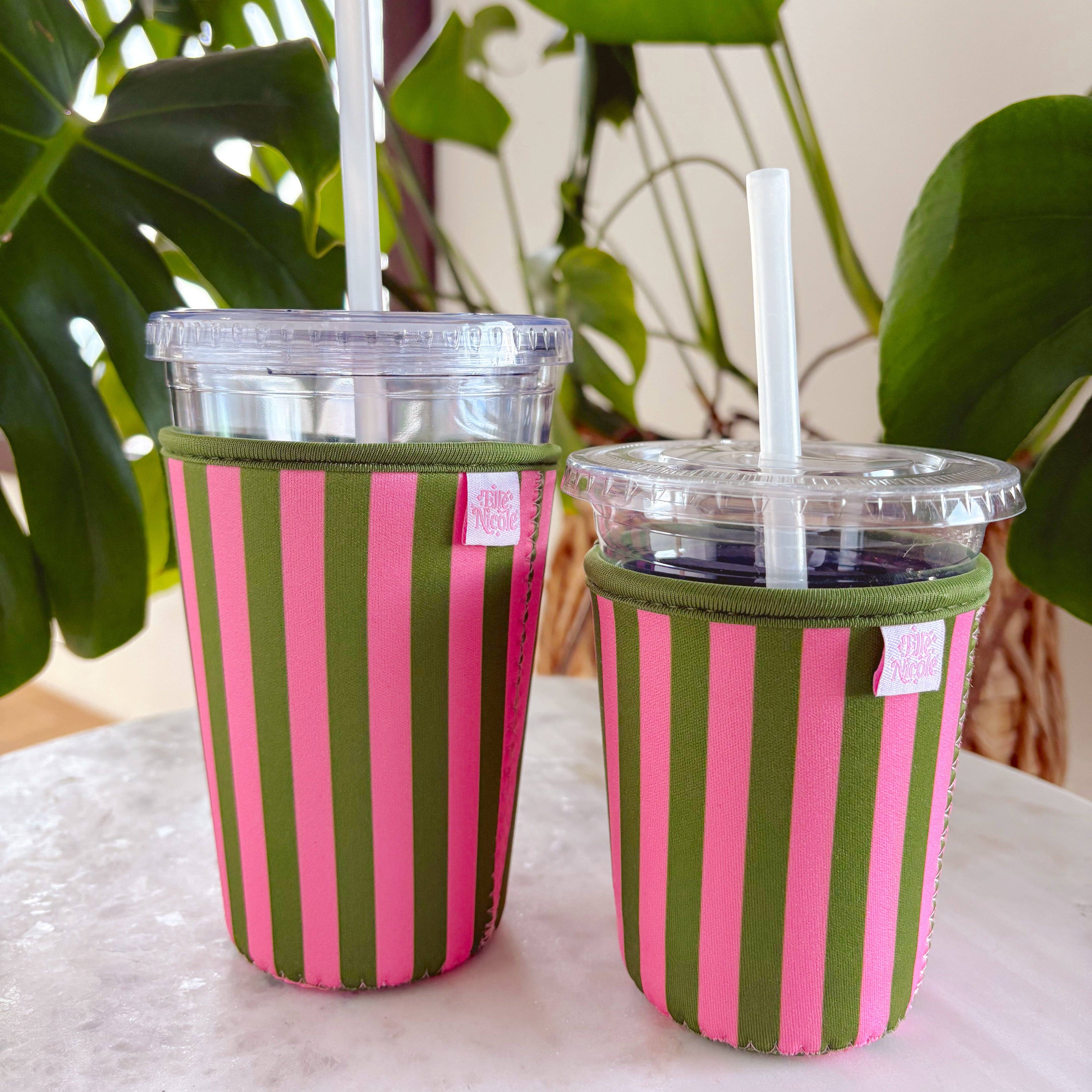 Coffee Cup Cover - Pink & Green - Iced Drink Sleeve: Large 24oz