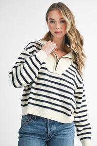 Half-Zip Pointelle Stripe Sweater