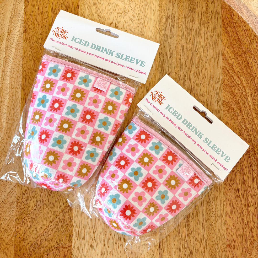 Coffee Cup Cover - Checkered Floral - Iced Drink Sleeve: Large 24oz