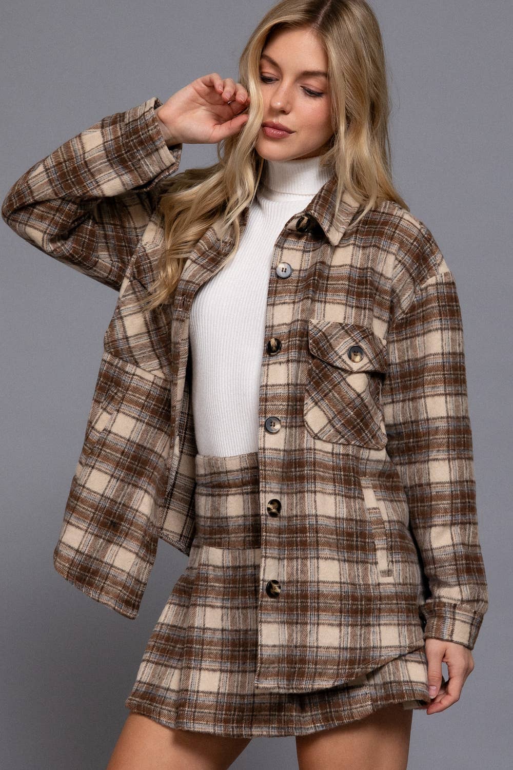 Luxe Plaid Wool Jacket Taupe