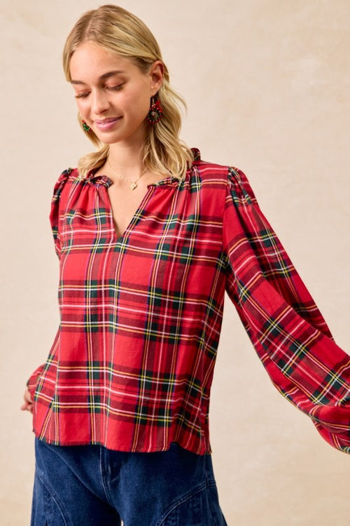 Christmas Plaid Balloon Sleeves Ruffled V-neck Top