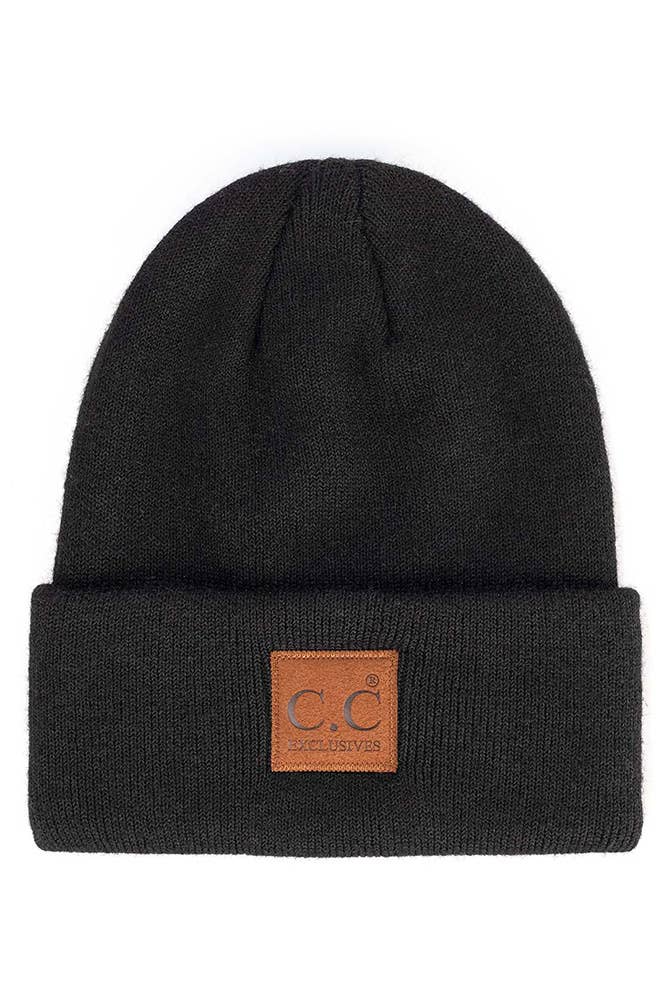 C.C Heather Knit Suede Patch Beanie Winter Hat: Cacao