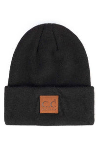 C.C Heather Knit Suede Patch Beanie Winter Hat: Black