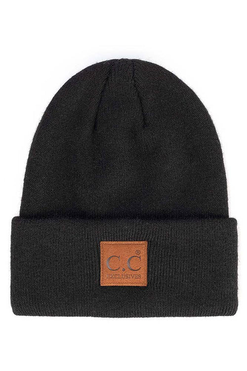 C.C Heather Knit Suede Patch Beanie Winter Hat: Black
