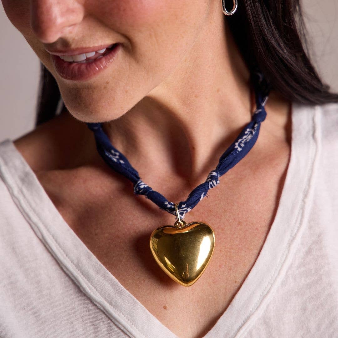 Navy Bandana Necklace: Gold Sunburst Heart Charm / Navy