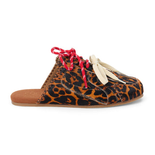 Leopard print shoe with red and white laces on a white background
