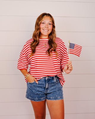 Oversized Stripe Boyfriend Tee: Red