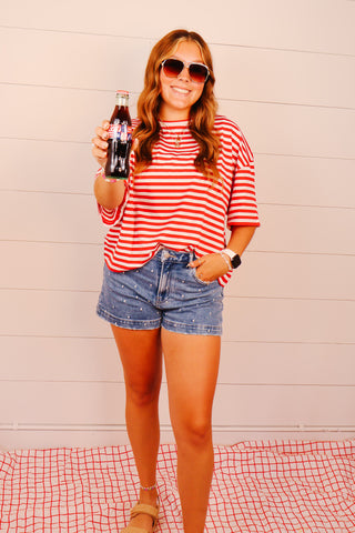 Oversized Stripe Boyfriend Tee: Red