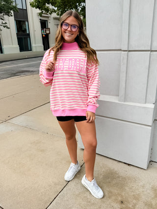 Dilly Dally Striped Appliqué Mock-Neck Sweatshirt