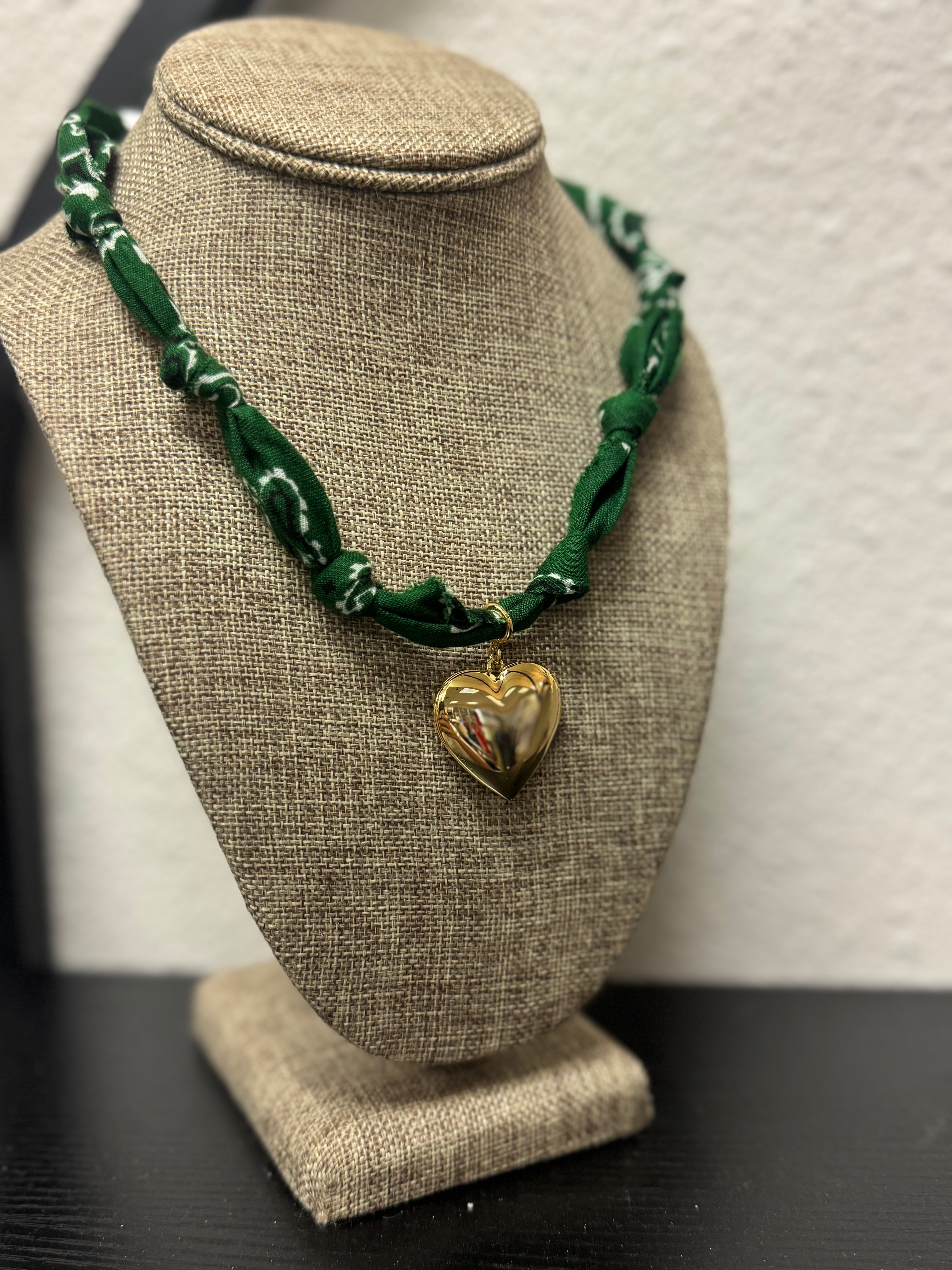 Dark Green Bandana Necklace: Gold Sunburst Heart Charm / Dark Green