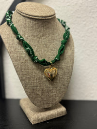 Dark Green Bandana Necklace: Gold Sunburst Heart Charm / Dark Green