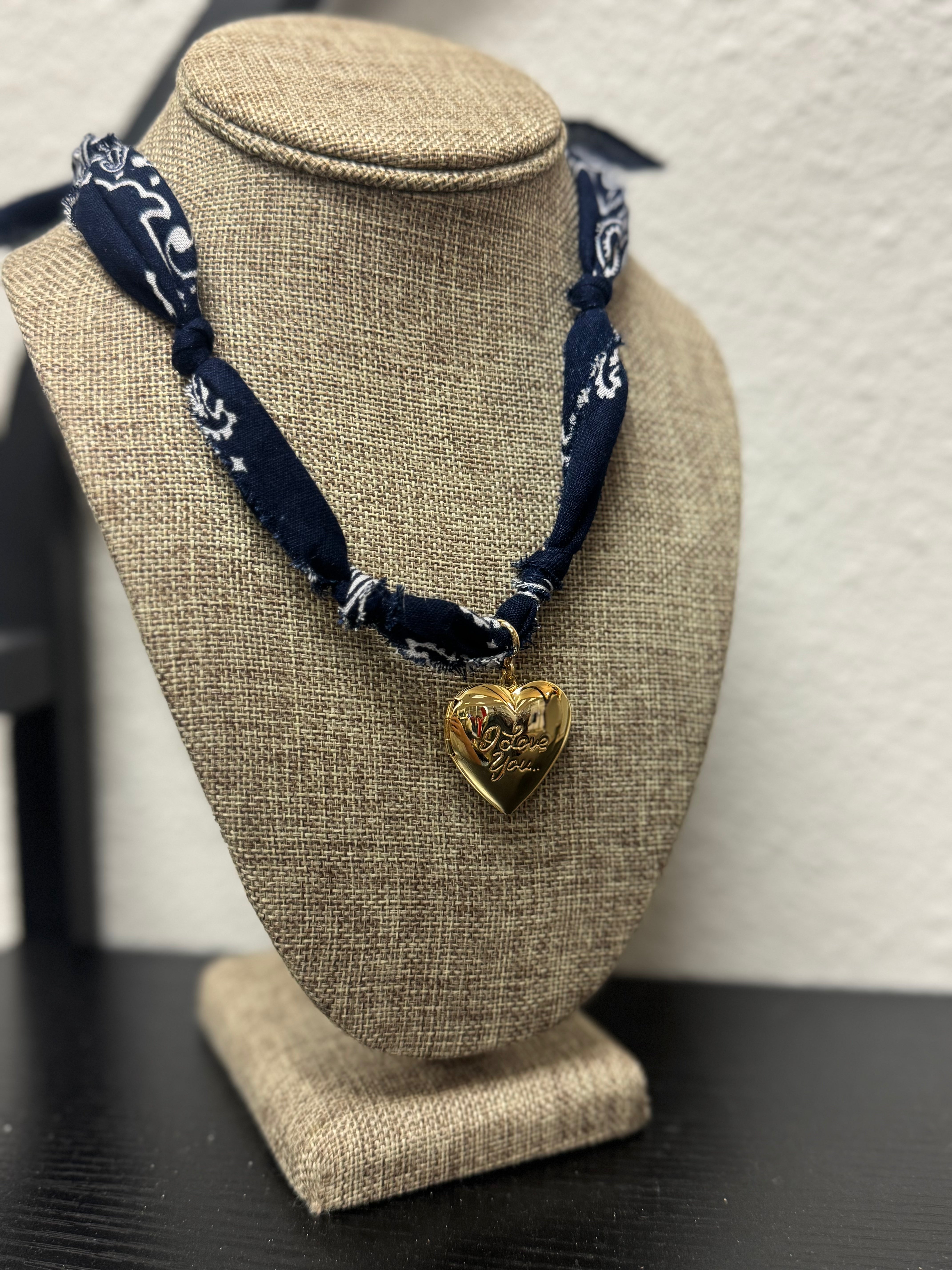Navy Bandana Necklace: Gold Sunburst Heart Charm / Navy
