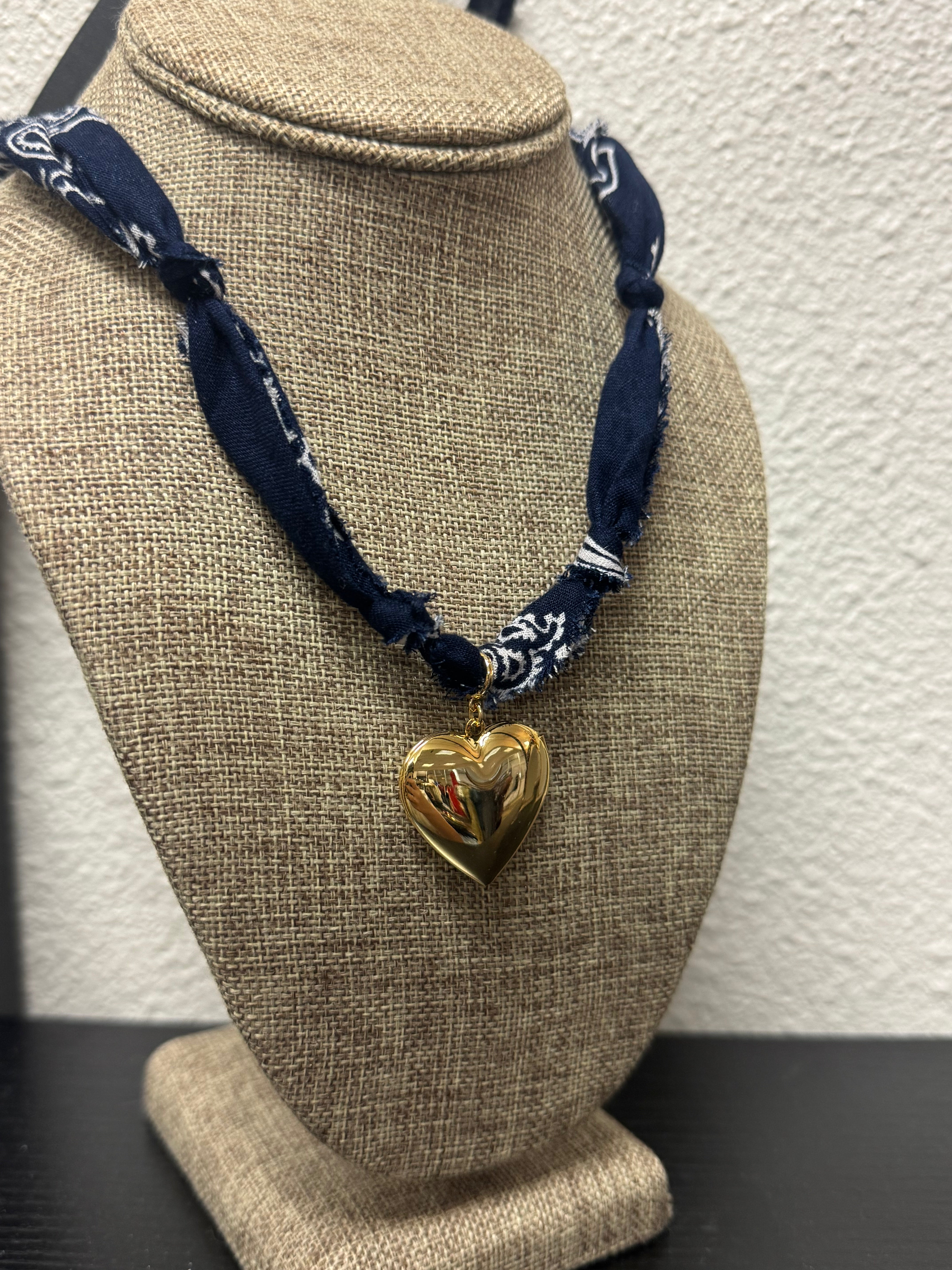 Navy Bandana Necklace: Gold Sunburst Heart Charm / Navy