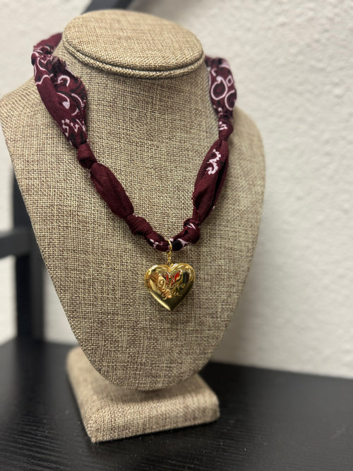 Burgundy Bandana Necklace: Gold Sunburst Heart Charm / Burgundy