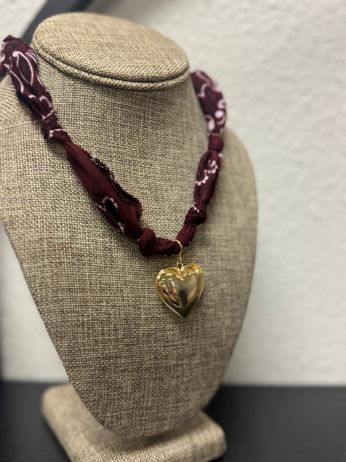 Burgundy Bandana Necklace: Gold Sunburst Heart Charm / Burgundy