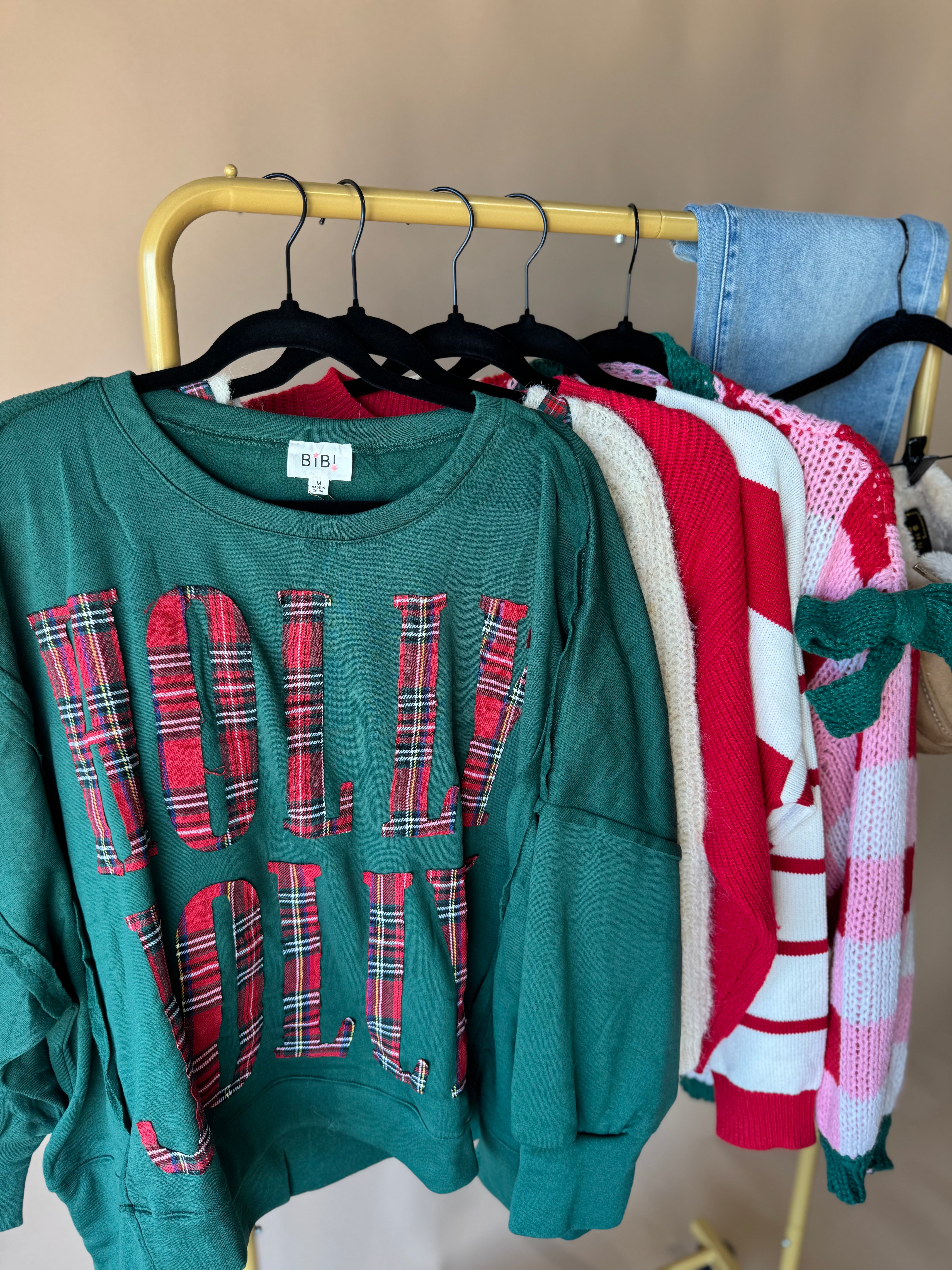 Christmas Plaid Holly Jolly Lettering Sweatshirt