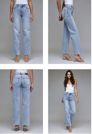 Four views of a person wearing light blue jeans on a gray background